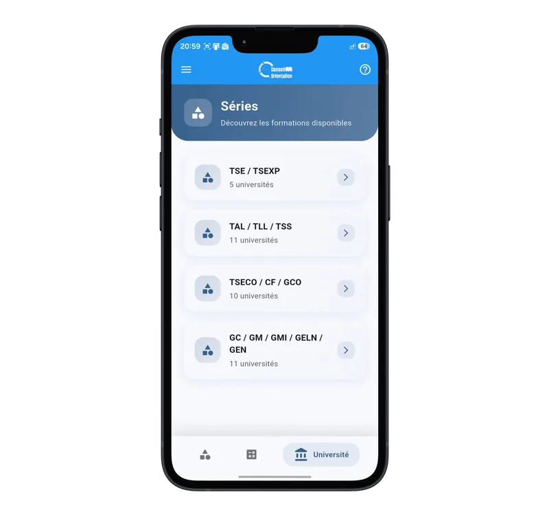 Liste des séries du Baccalauréat et universités associées sur l'application mobile