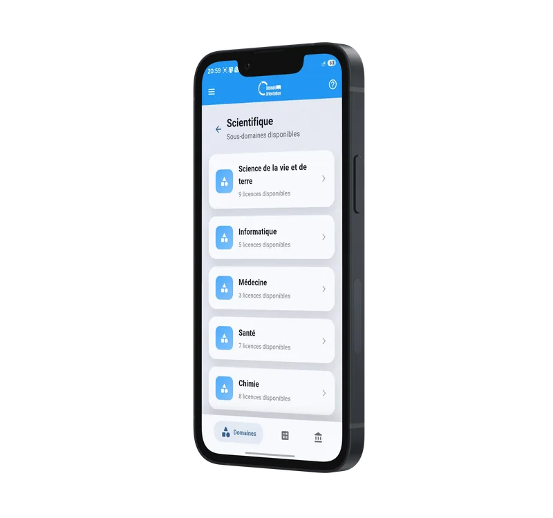 Détail des sous-domaines et licences scientifiques disponibles sur l'application