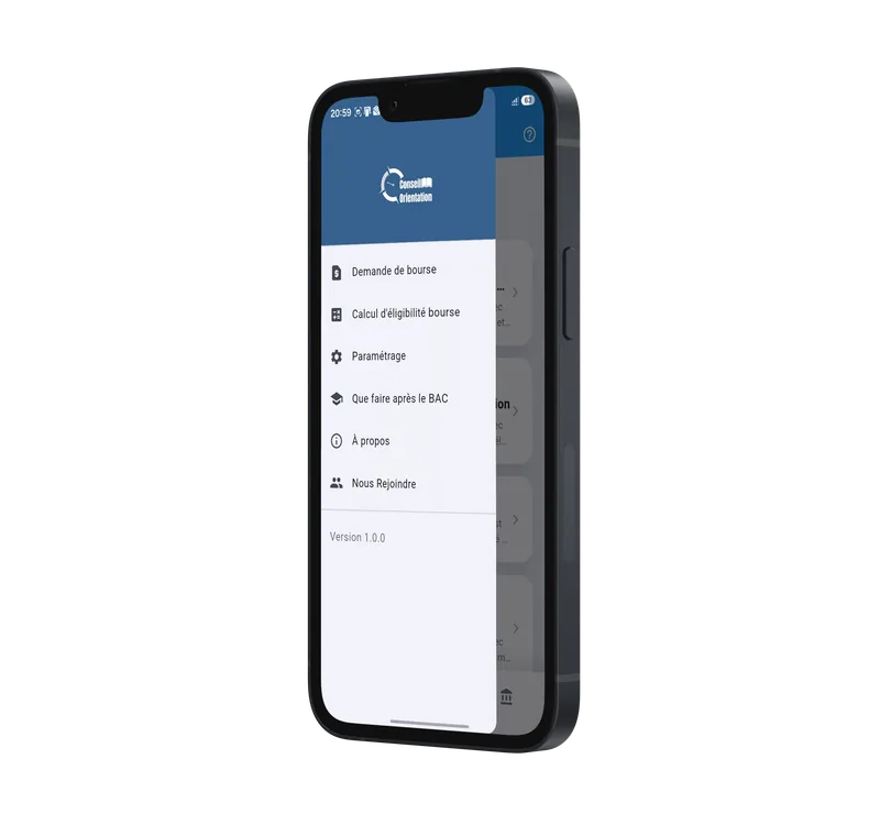 Menu latéral de navigation et fonctionnalités clés de l'application Conseil d'Orientation Mali